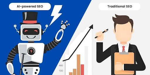 Visual comparison of traditional SEO vs AI-powered SEO features and efficiencies