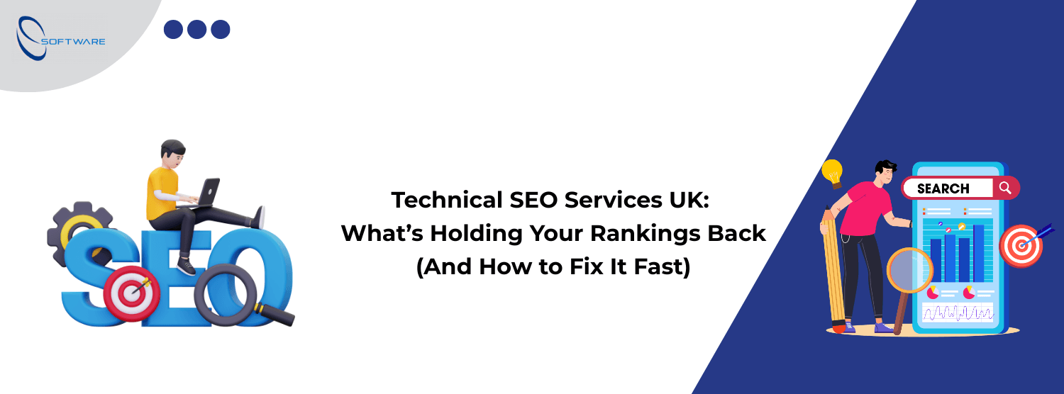 Technical SEO services UK banner showing website performance optimisation visuals