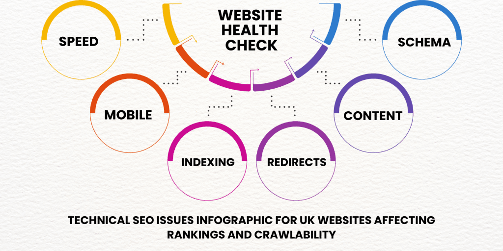 Technical SEO issues infographic for UK websites affecting rankings and crawlability