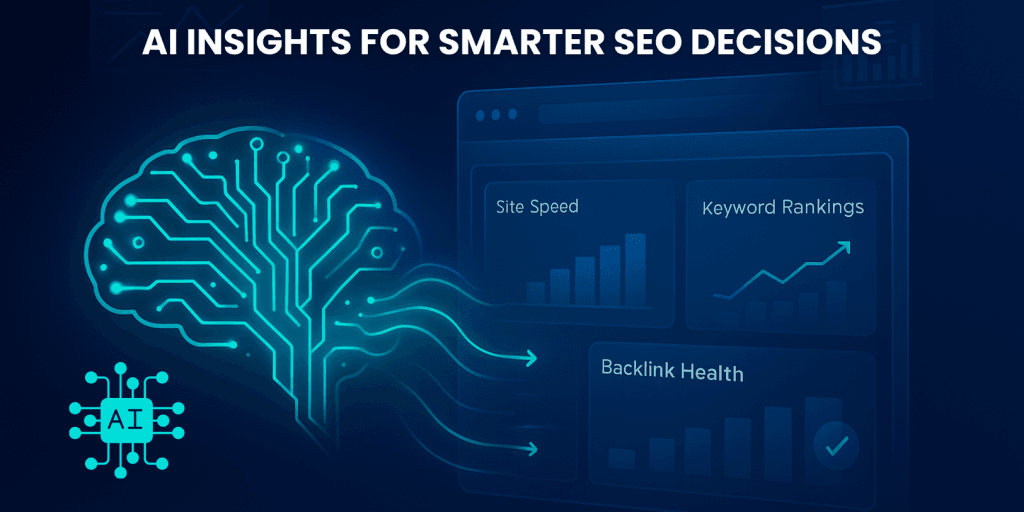 AI-powered website analysis tool illustration with futuristic data visualisation.