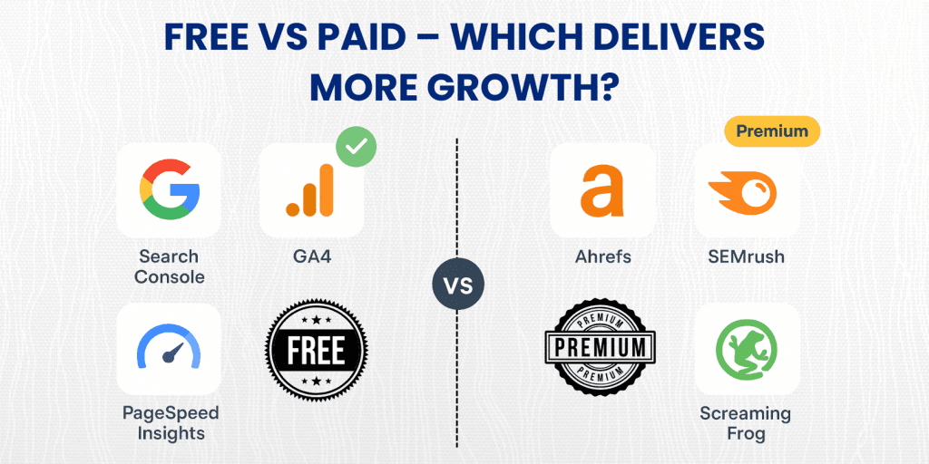 Website analysis tool comparison showing free tools vs paid tools for SEO.
