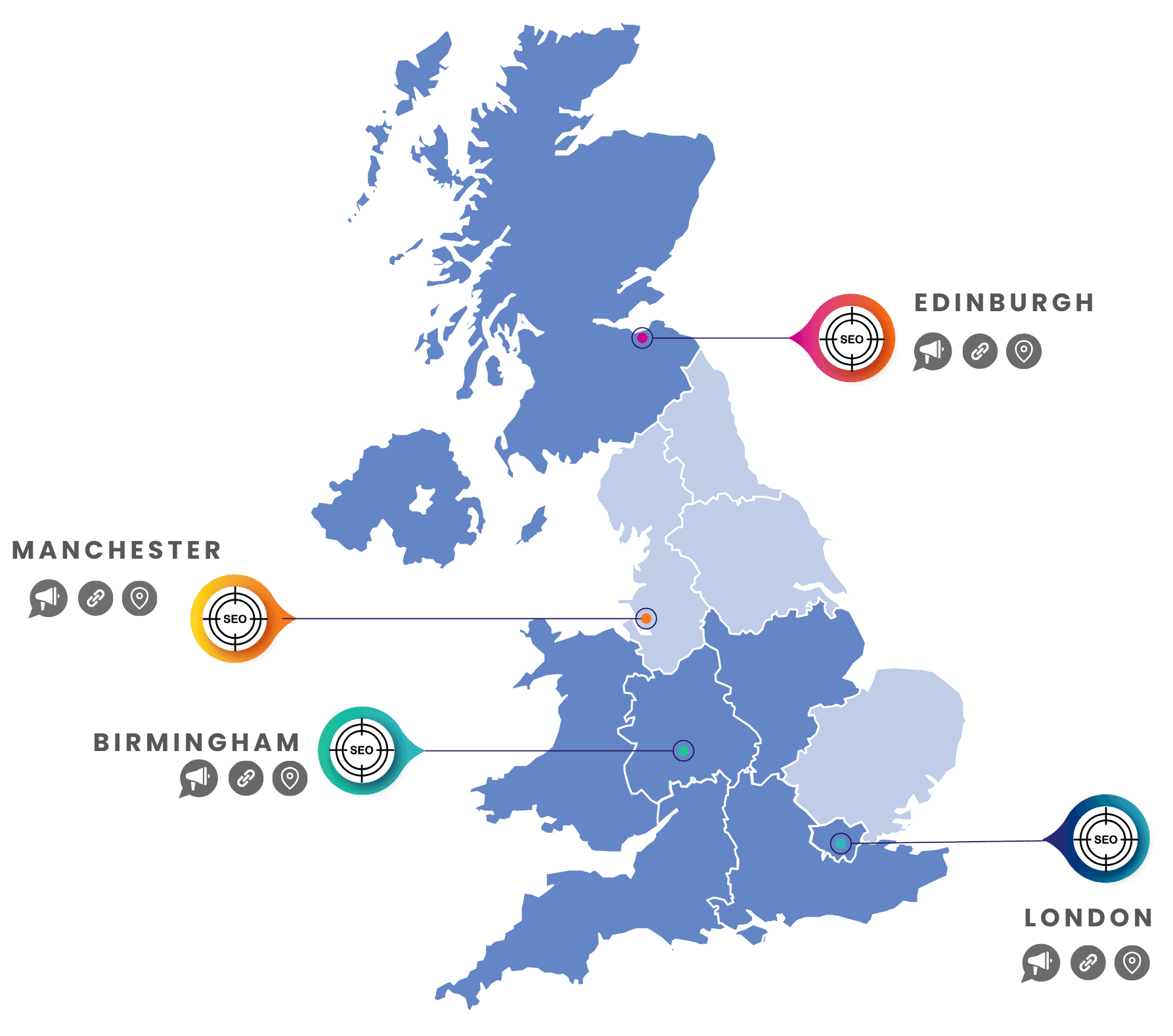 Map of the UK showing region-specific Off-Page SEO Services strategy and local authority building