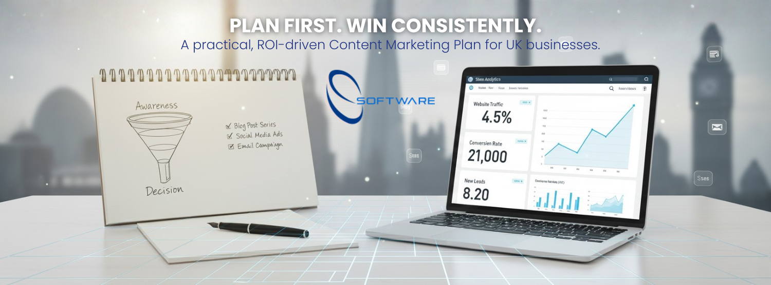 Hero banner showing analytics dashboard and planning notebook for a Content Marketing Plan focused on ROI