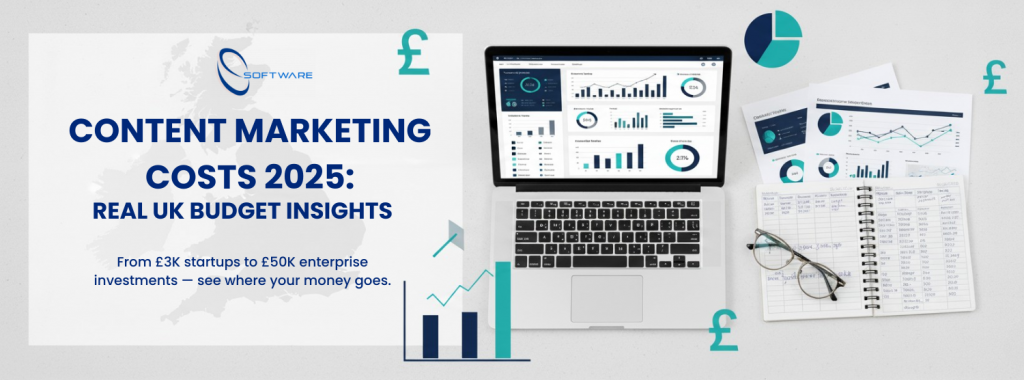 Content marketing cost UK 2025 budget breakdown banner image showing charts and UK map