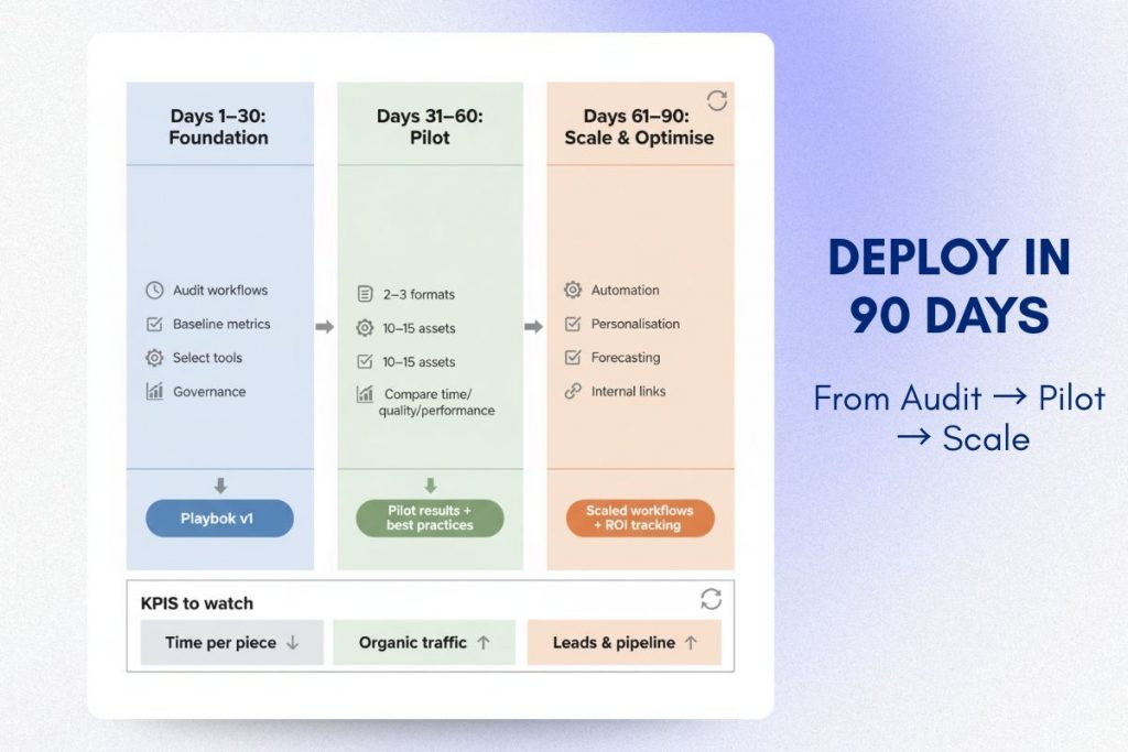 AI-driven content marketing 90-day implementation flowchart for UK companies covering foundation, pilot, and scale

