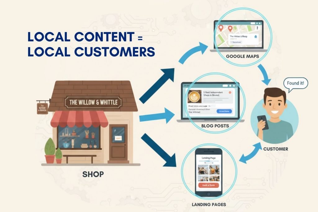 Local content marketing uk explained with shop front and search results illustration