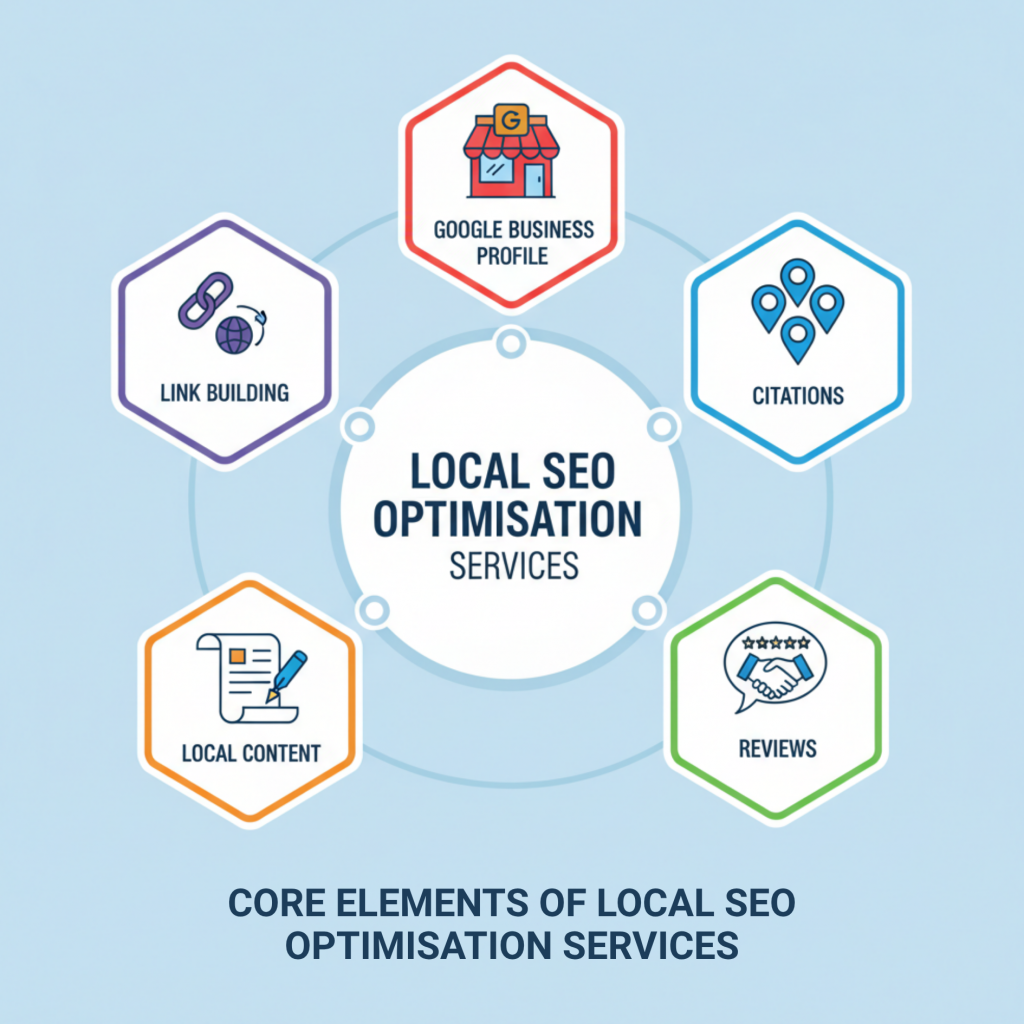 local seo optimisation services explained with core elements infographic