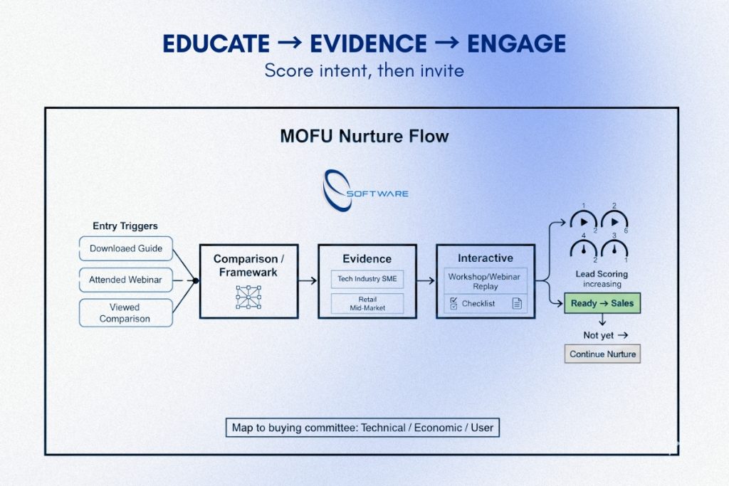 Middle of funnel MOFU nurture flow with comparison content, case studies, interactive assets and lead scoring in a content marketing funnel