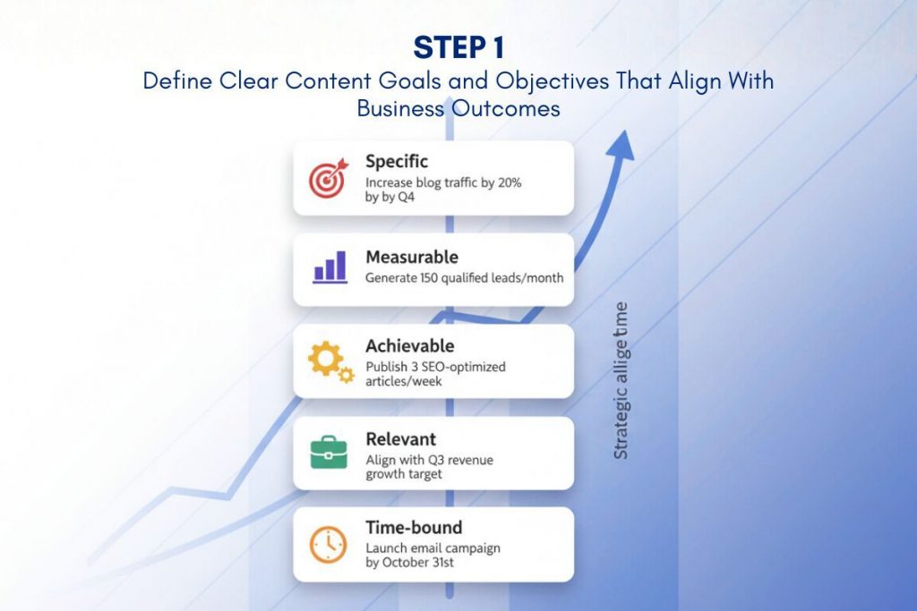 SMART goals infographic showing measurable objectives in a content marketing strategy.