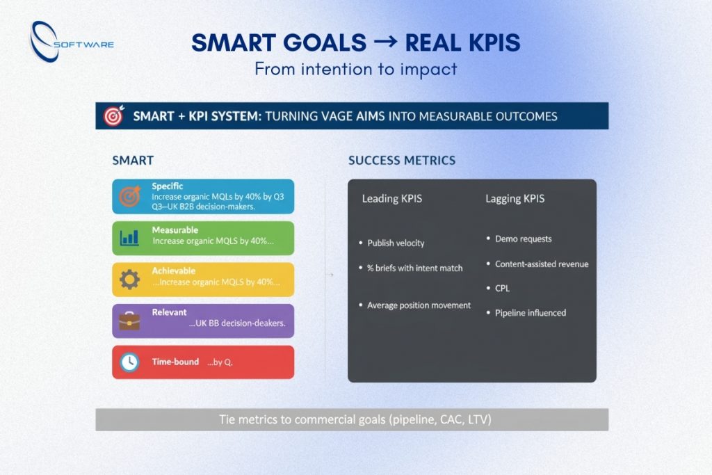 SMART goals and KPI framework infographic for a Content Marketing Plan linking objectives to measurable success