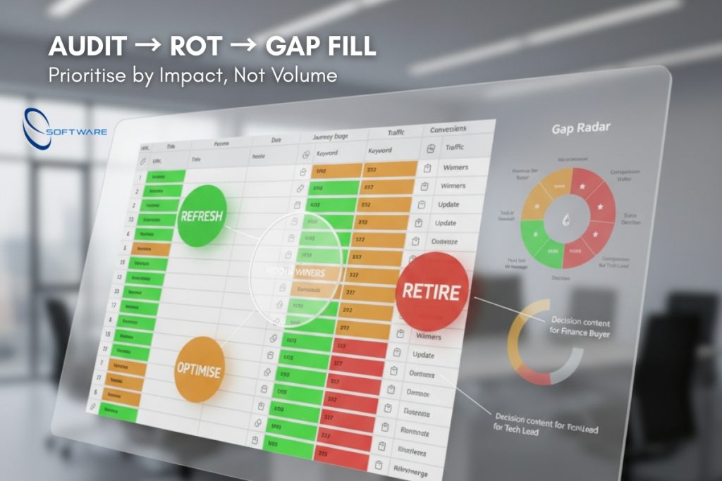 Content audit and gap analysis dashboard for a Content Marketing Plan with ROT tags and performance heatmaps