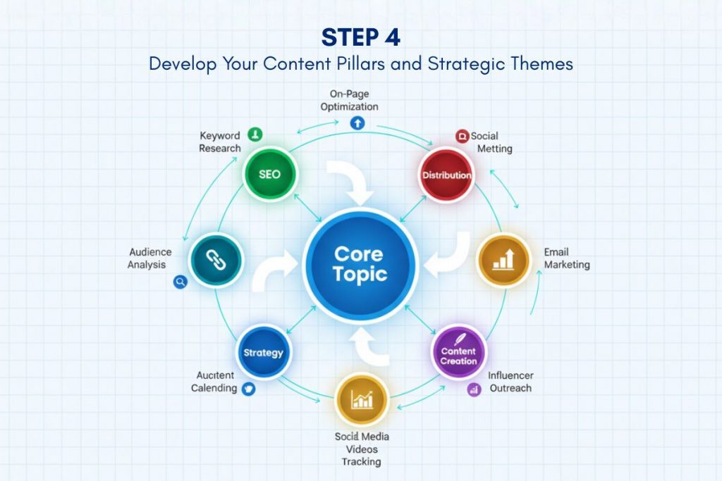 Pillar and cluster diagram showing strategic themes for a content marketing strategy.