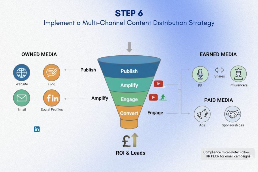 Multi-channel content distribution funnel showing owned, earned, and paid media in a content marketing strategy.