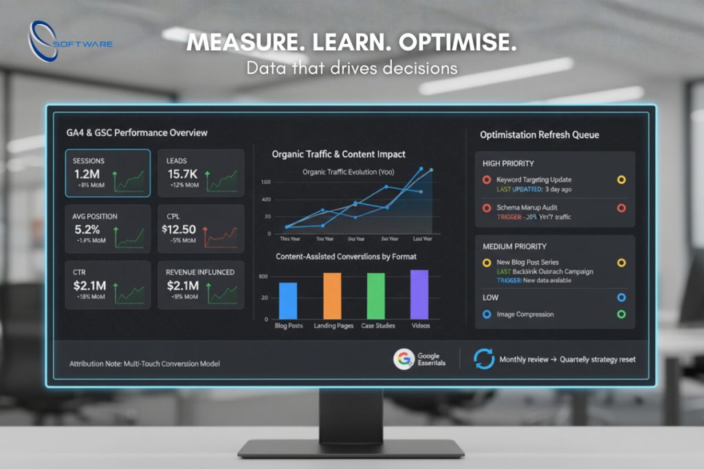 Analytics dashboard infographic for a Content Marketing Plan showing KPIs, attribution and a refresh queue for ongoing optimisation
