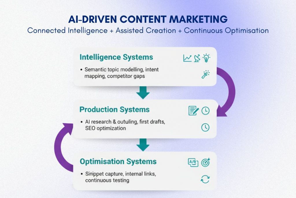 AI-driven content marketing infographic showing intelligence, production, and optimisation layers for UK brands