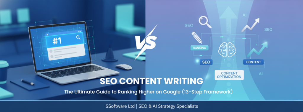 Hero banner showing AI-driven SEO content writing process and ranking growth for 2025
