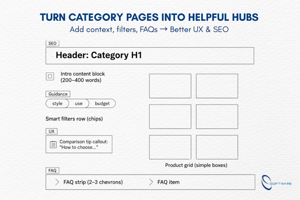 e-commerce content strategy wireframe showing category page content hub anatomy
