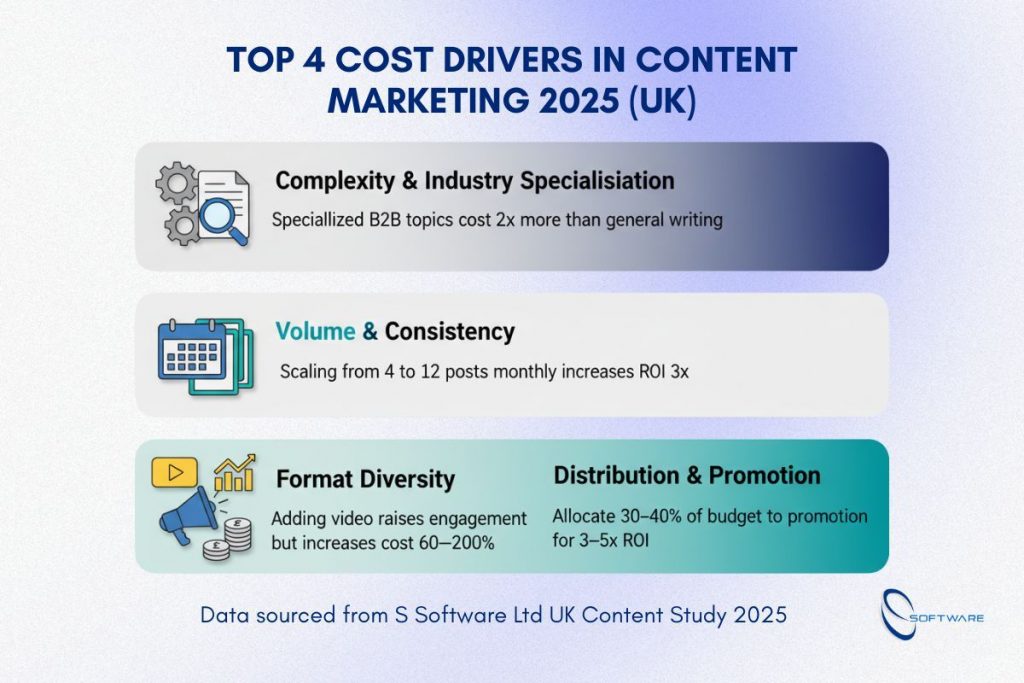 Infographic showing top factors affecting content marketing cost in the UK 2025