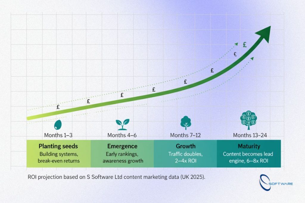 Timeline infographic showing ROI growth stages for UK content marketing investment 2025