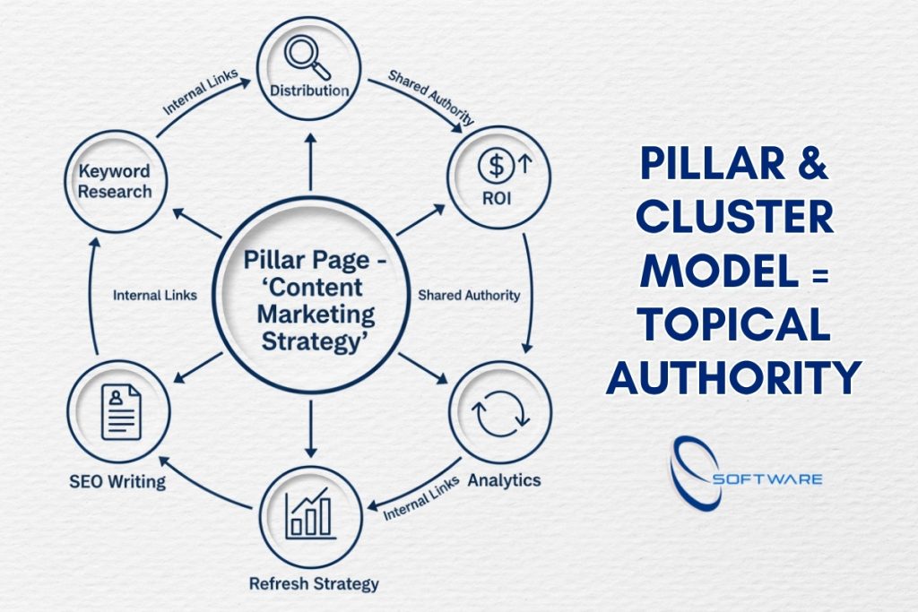 Hub and spoke diagram of pillar and cluster model for content marketing for SEO
