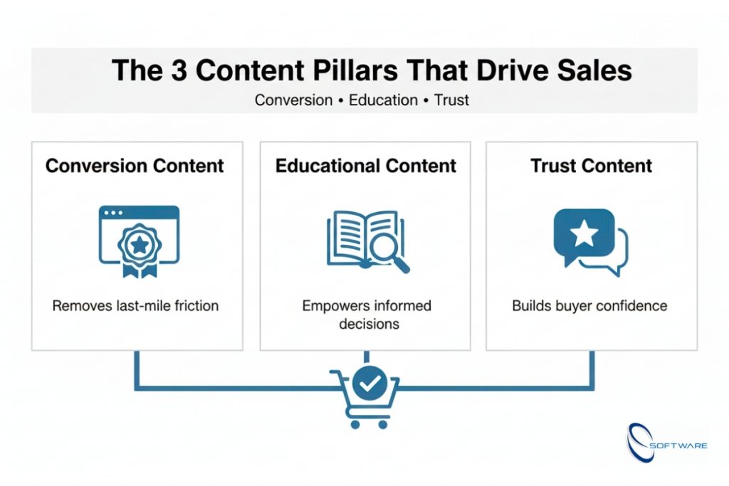 e-commerce content strategy triad showing conversion, educational, and trust content pillars

