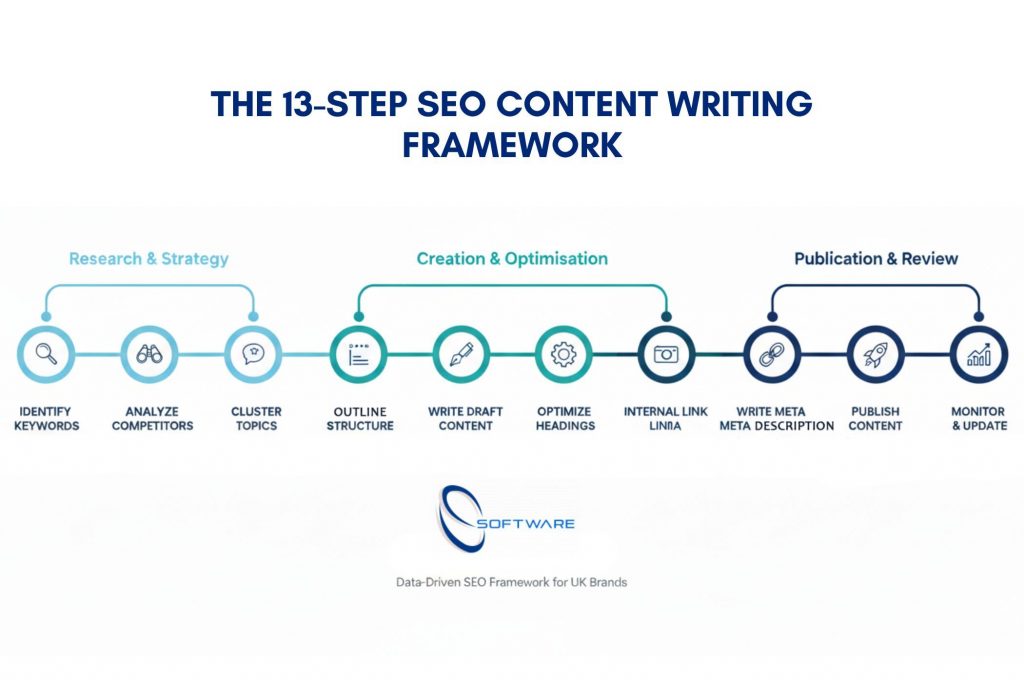 Infographic showing 13-step SEO content writing framework for ranking higher on Google