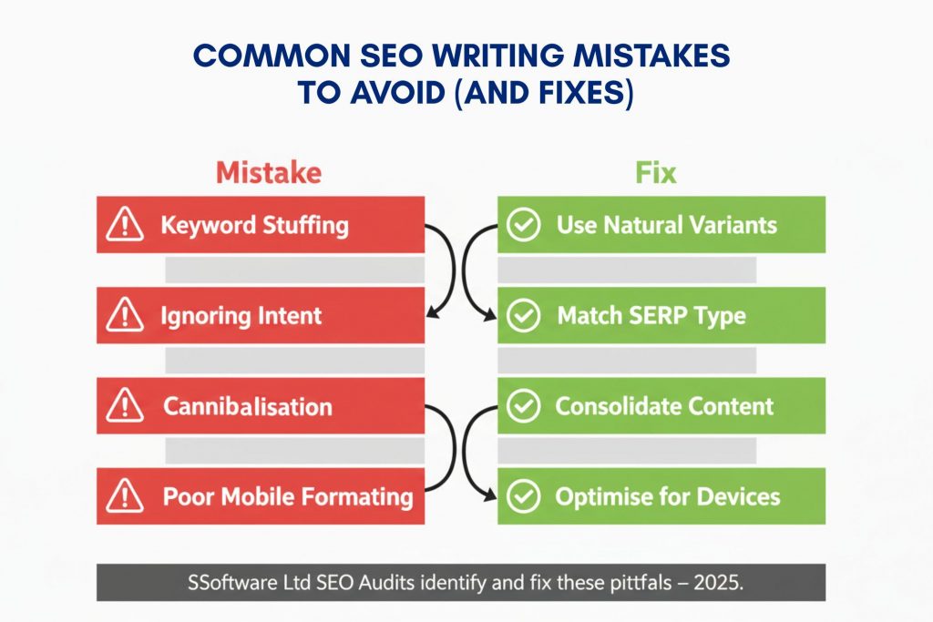 Infographic showing common SEO content writing mistakes and fixes for 2025