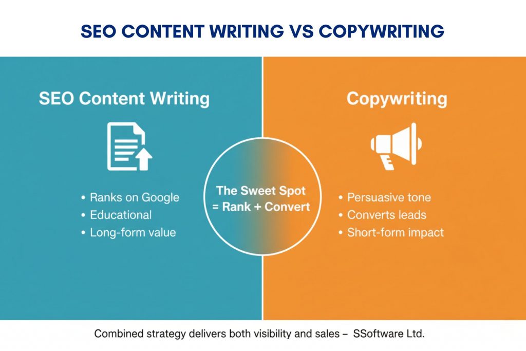 Visual comparison showing difference between SEO content writing and copywriting in 2025