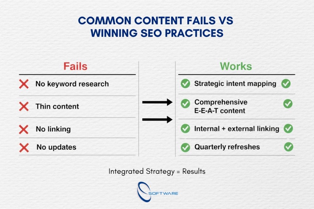 Flat infographic comparing why content marketing fails at SEO and what works for content marketing for SEO