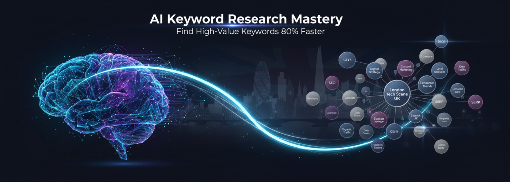 AI keyword research for UK brands banner showing semantic clustering and UK-focused AI analysis