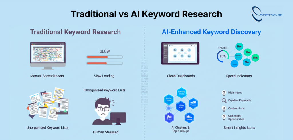 AI keyword research for UK brands comparison infographic showing how AI transforms keyword research strategies