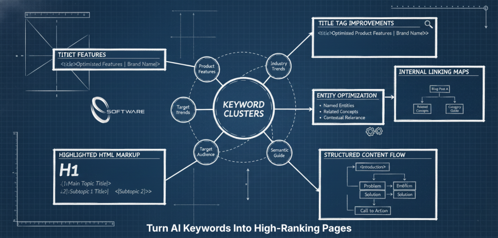 On-page SEO optimisation Blueprint connected to AI keyword research for UK brands clusters