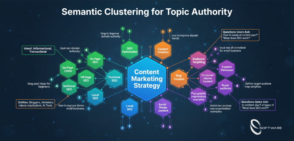 Semantic clustering visual for AI keyword research for UK brands, showing topic groups and long-tail connections