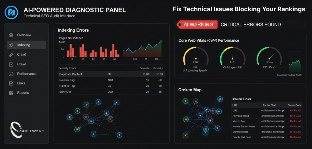 Technical SEO diagnostics powered by AI identifying indexing and Core Web Vitals issues